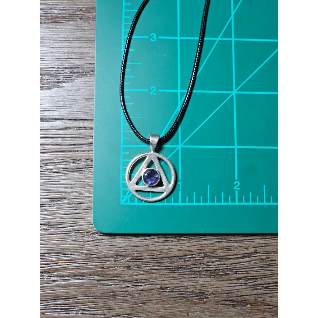 Vintage Sterling Silver Triangle Pendant w Purple Stone