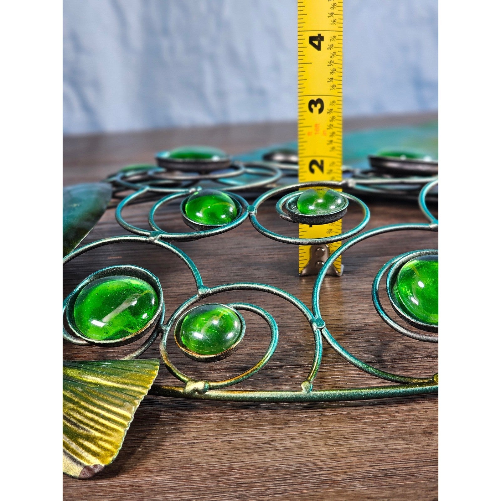 Vintage Metal Fish Wall Art Coastal Decor Green Glass Accents 20"