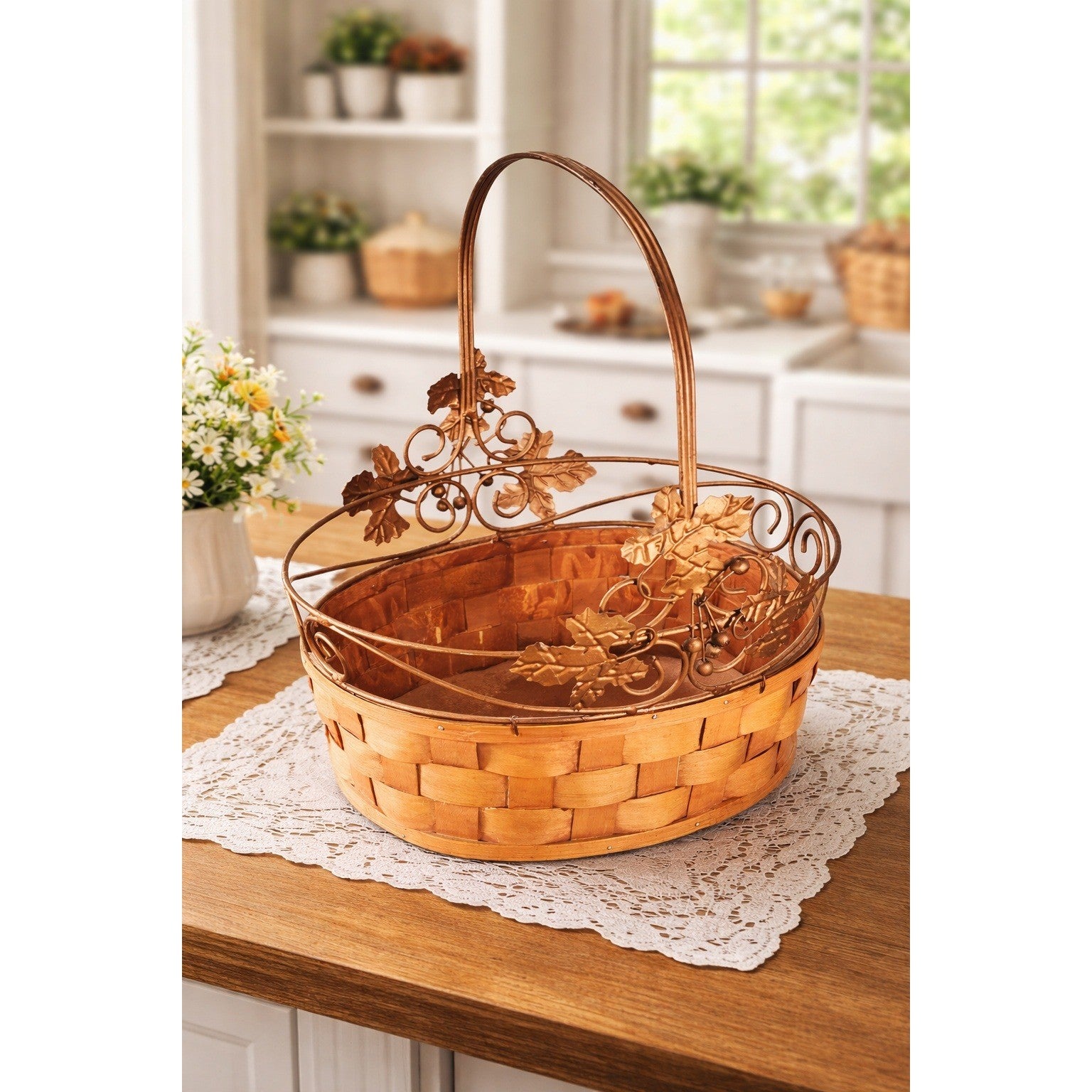 Vintage Woven Basket with Metal Leaf Handle Rustic Farmhouse Decor