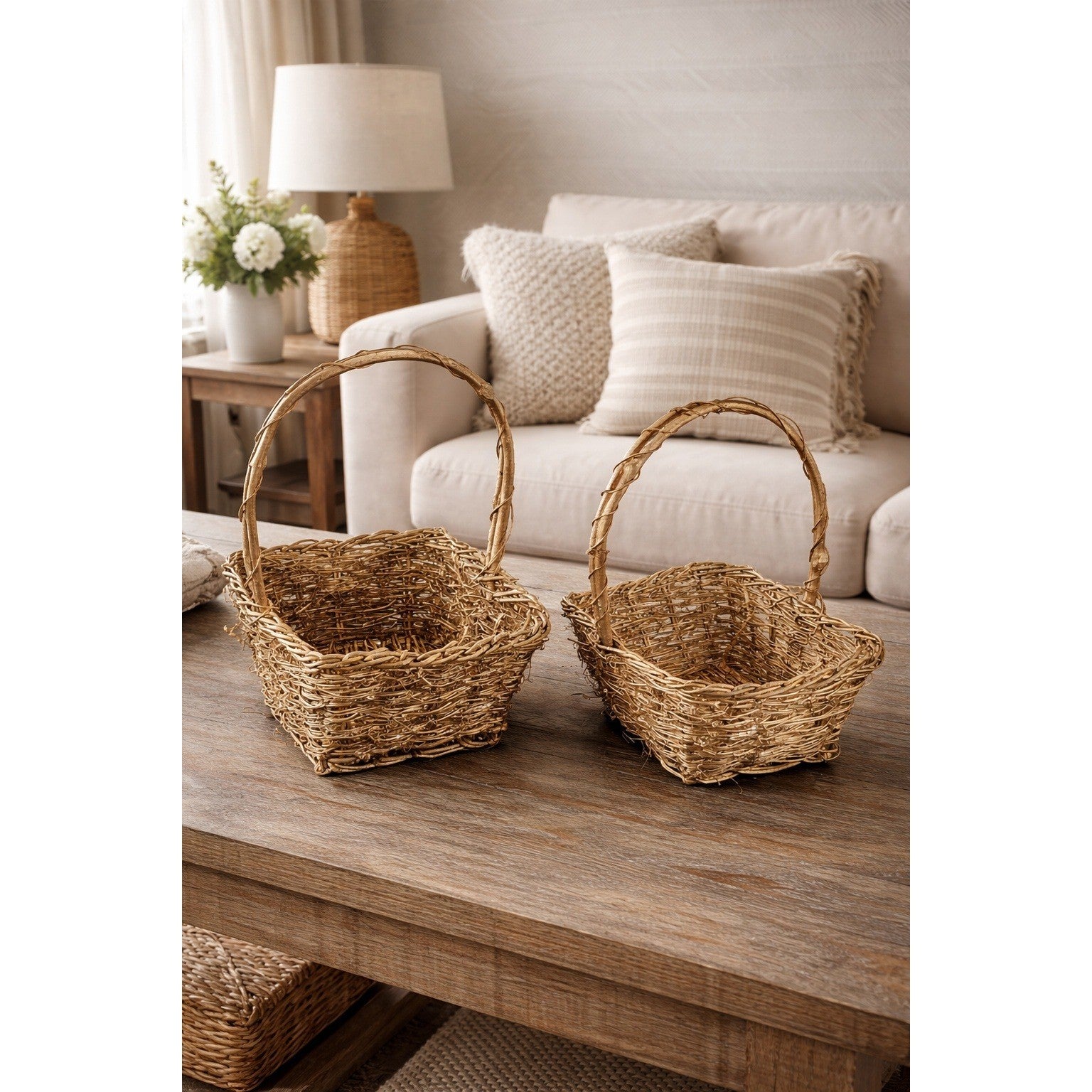 Vintage Gold Wicker Baskets Set of 2 with Handles Glitter Finish Decor