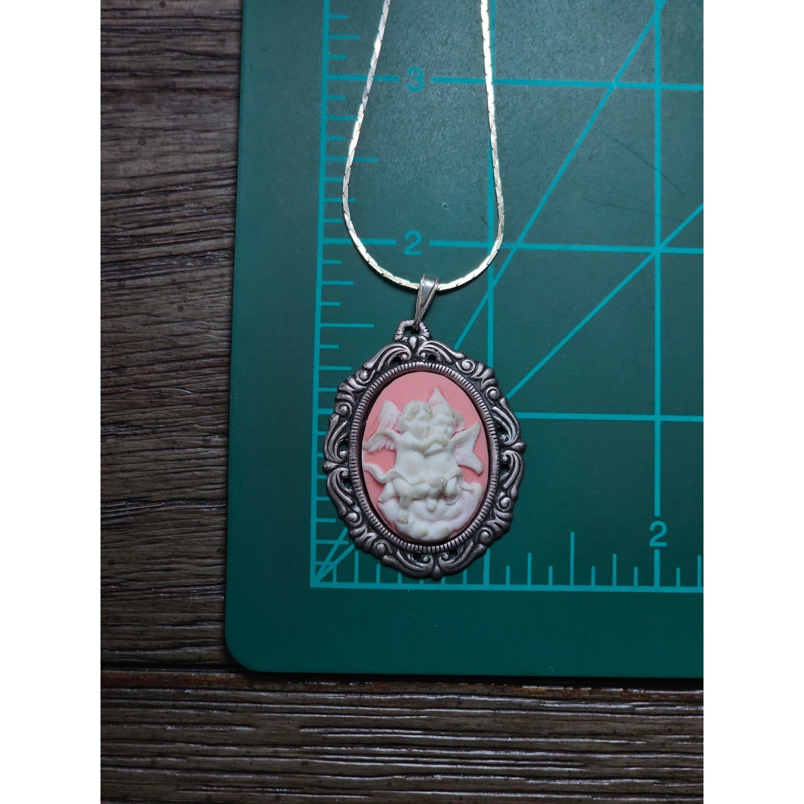 Vintage Pink Cameo Necklace with Two Angels Cherubs Silver Tone Pendant