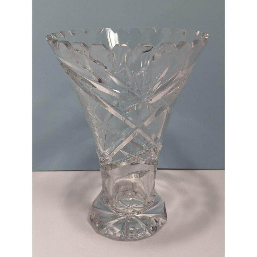 Vintage Cut Crystal Trumpet Vase Starburst Pedestal Vase 7.5 Inch