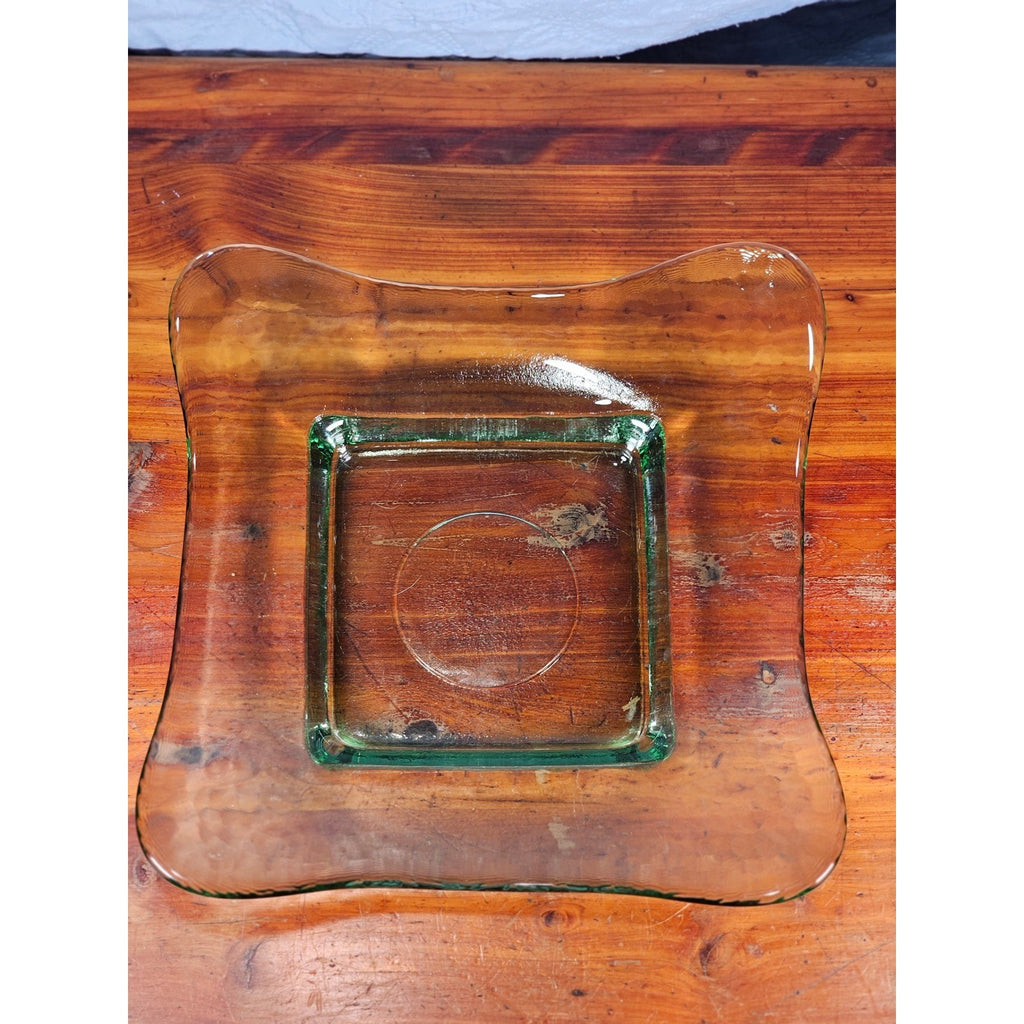 Vintage Green Glass Square Serving Dish Wavy Edge Plate Mid Century