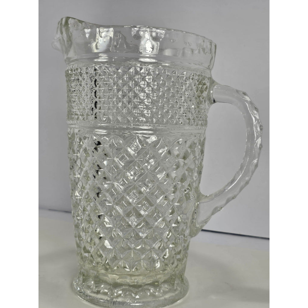 Vintage Heavy Clear Crystal Glass Diamond Pattern Water Pitcher – With Chip