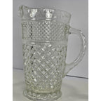 Vintage Heavy Clear Crystal Glass Diamond Pattern Water Pitcher – With Chip