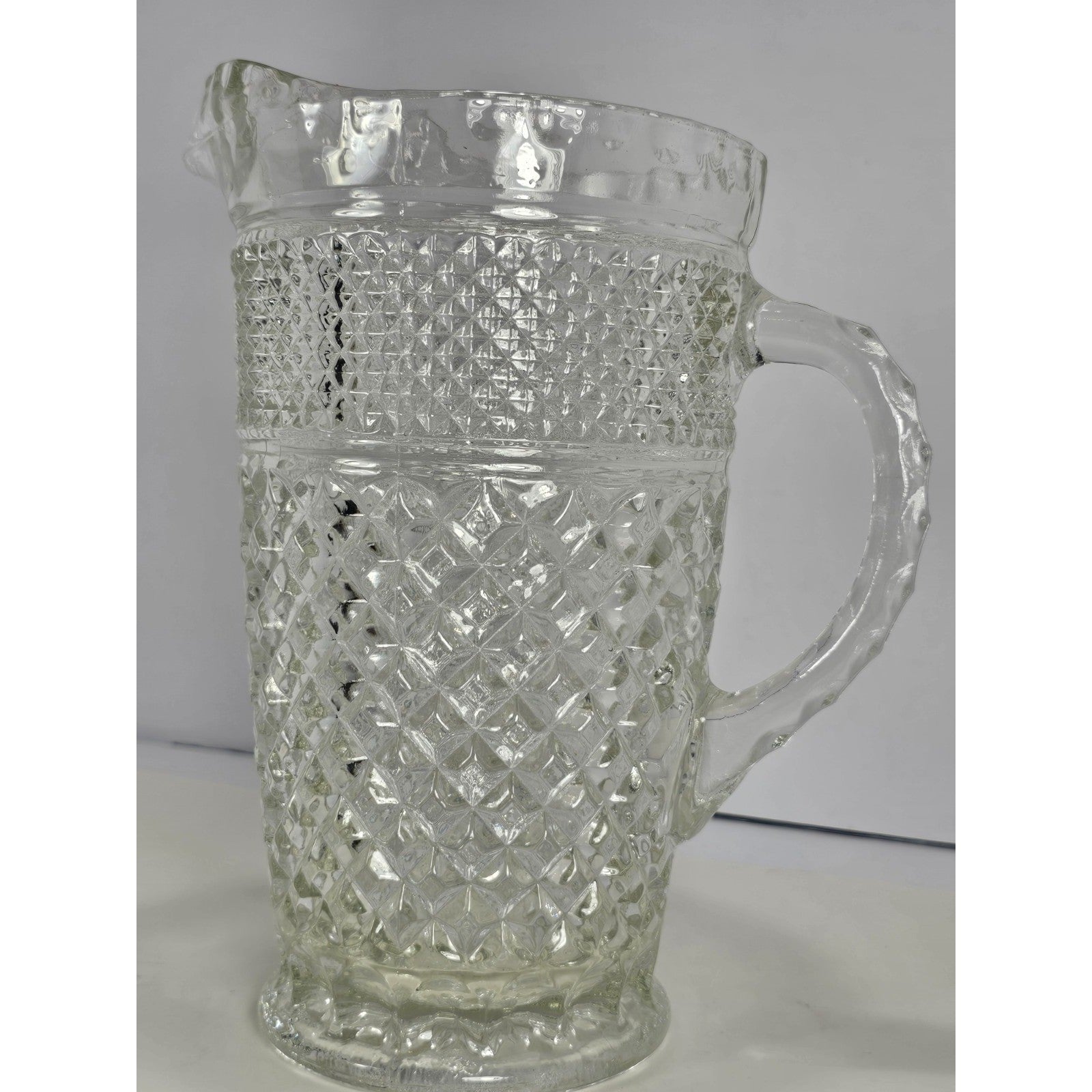 Vintage Heavy Clear Crystal Glass Diamond Pattern Water Pitcher – With Chip