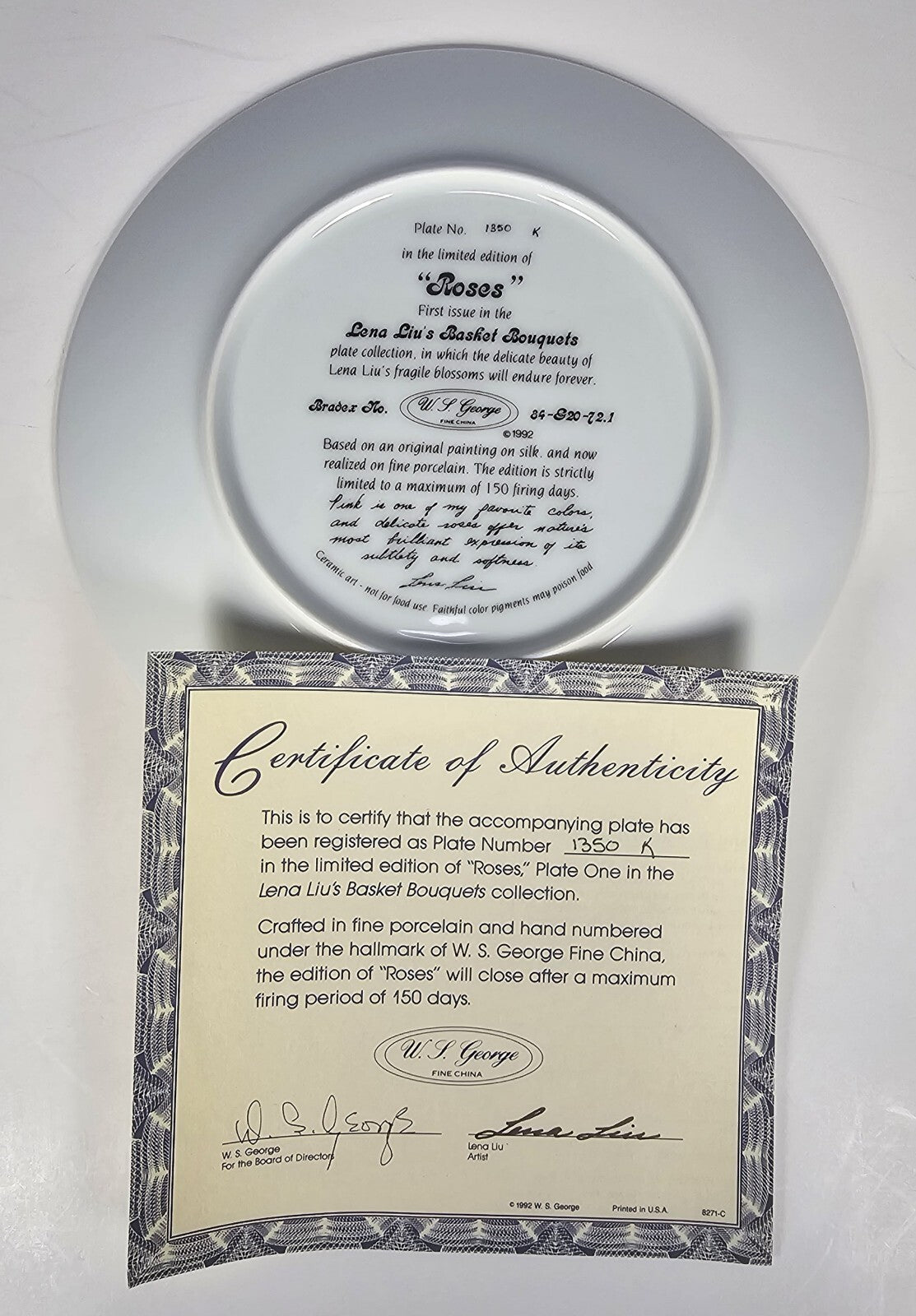 W.J. George Fine China Limited Edition Roses By Lena Liu.  #1350K