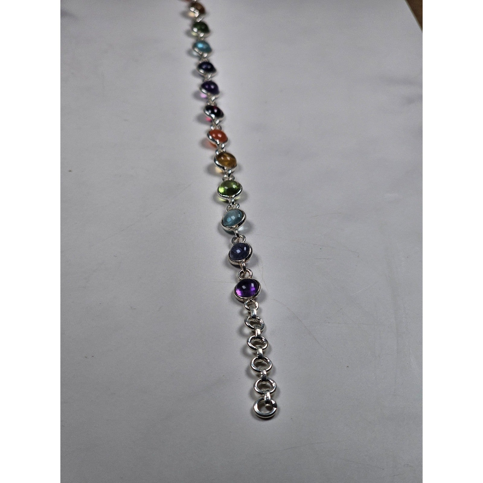 Vintage Sterling Silver Multicolor Cabochon Bracelet .925 Rainbow Stone Link