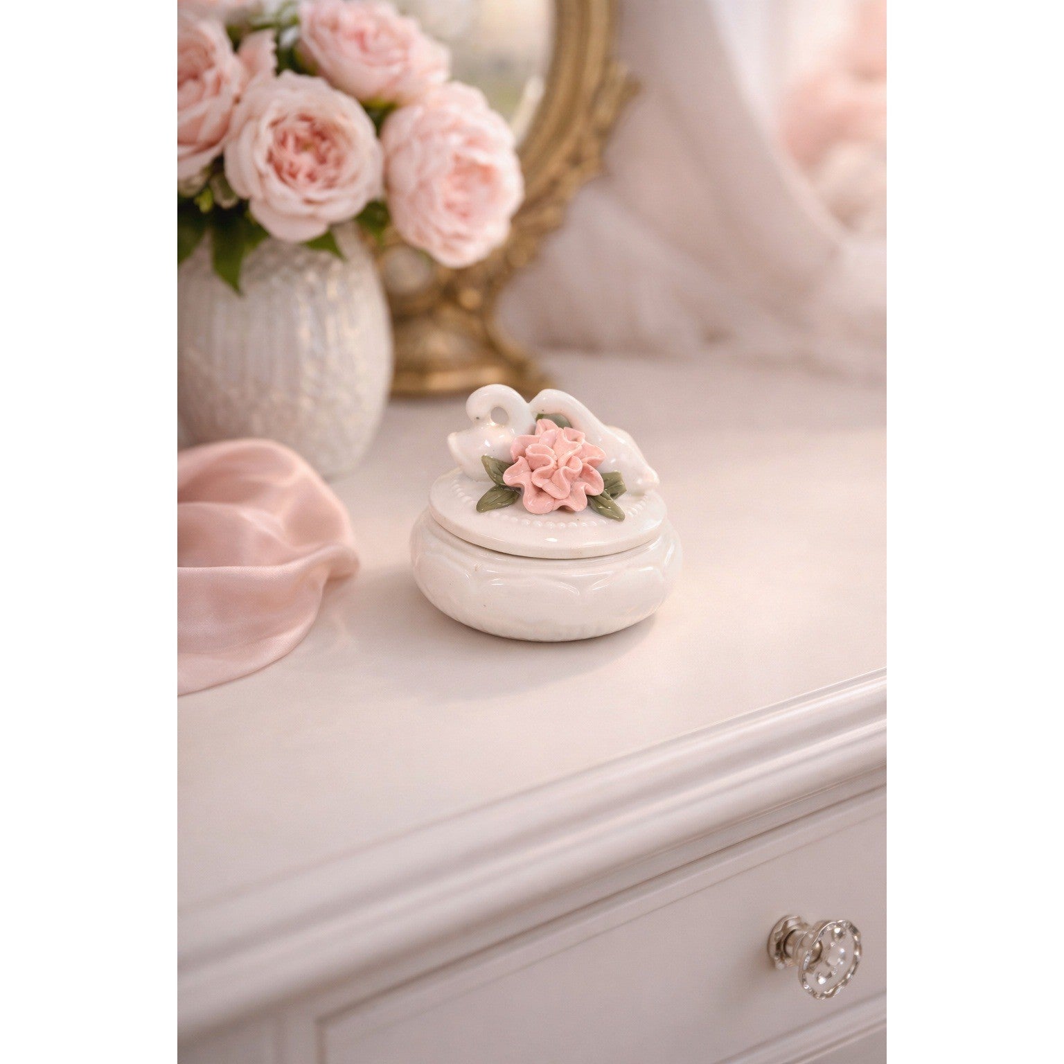 Vintage Ceramic Swan Trinket Box with Pink Rose | Romantic Jewelry Keepsake Box