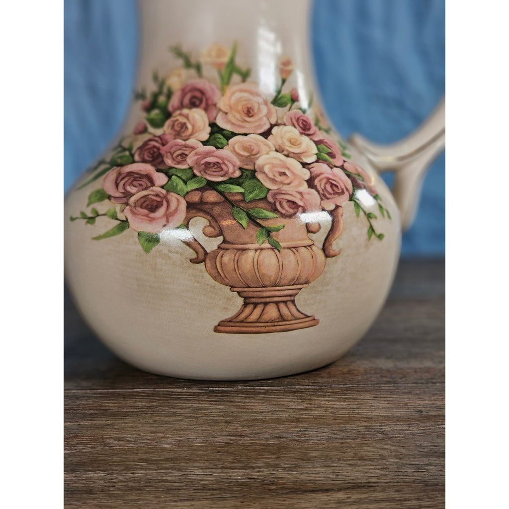 Vintage Belk Floral Ceramic Pitcher Rose Urn Design Cream Vase Handle