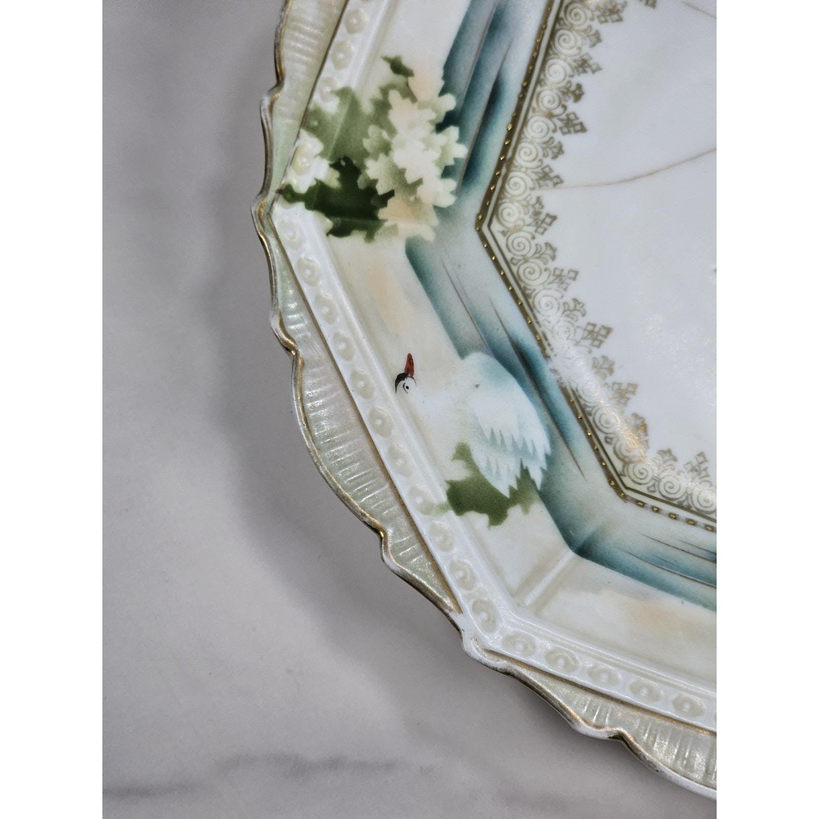 Vintage RS Prussia Octagonal Plate Hand Painted Swans Floral Germany READ
