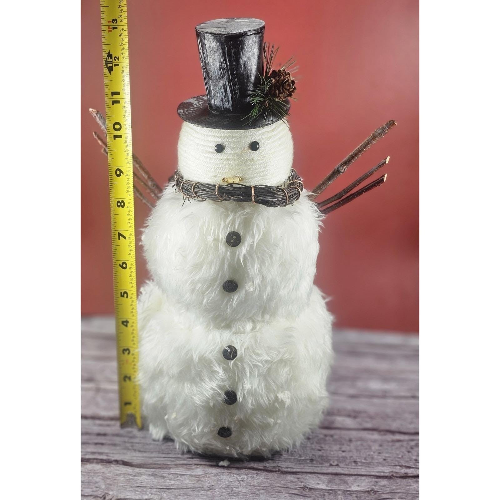 Rustic Snowman Figurine with Twig Arms Wreath Scarf Winter Decor