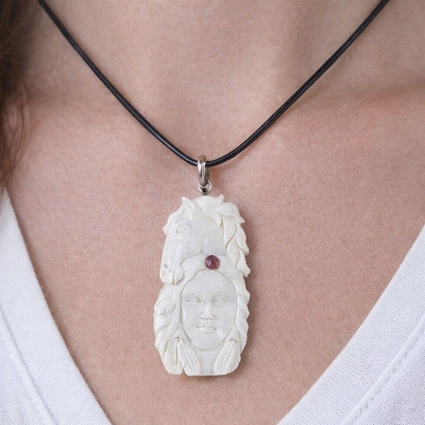 Vintage Hand Carved Horse Woman Pendant Necklace