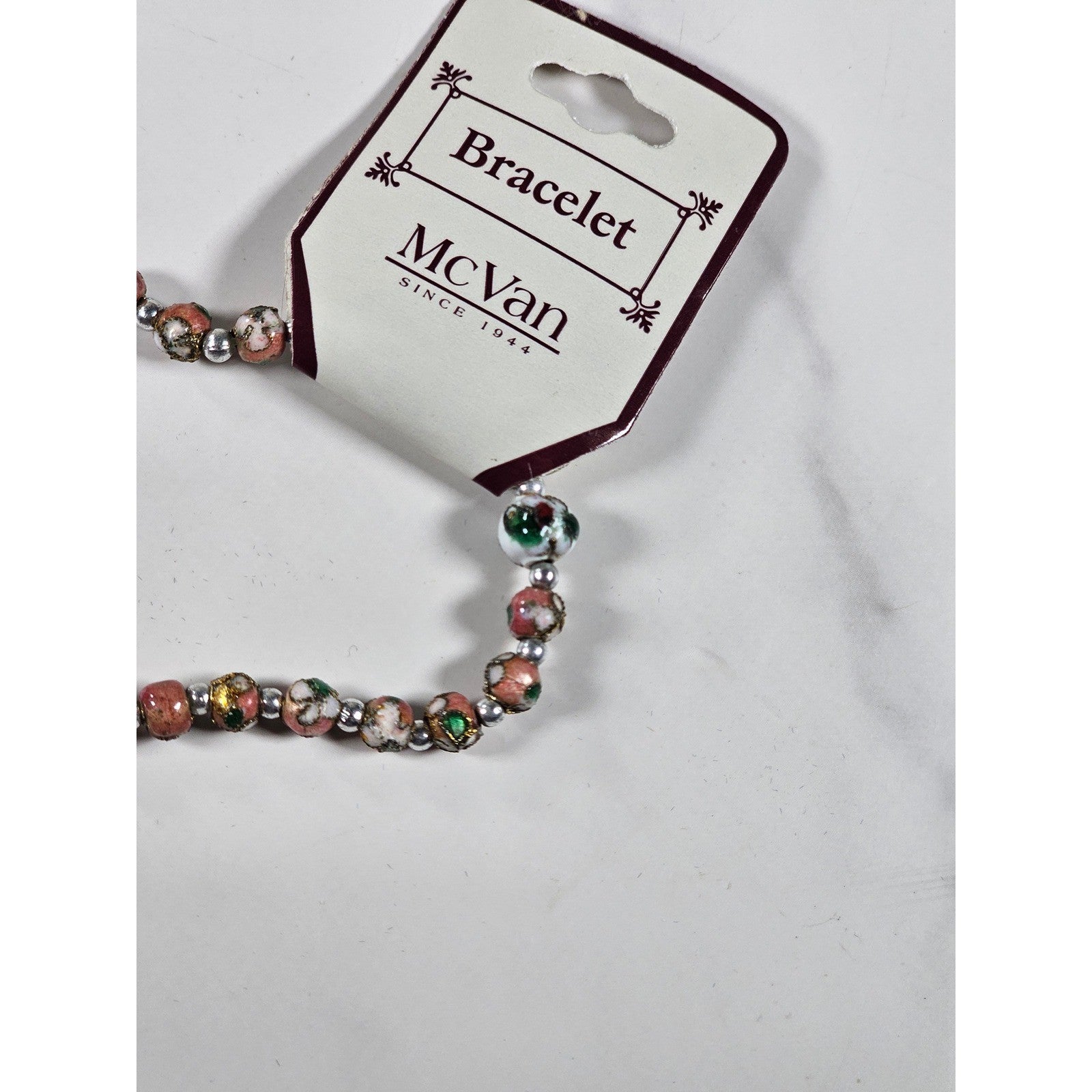 Vintage McVan Enamel Beaded Bracelet Floral Charm Pink Green