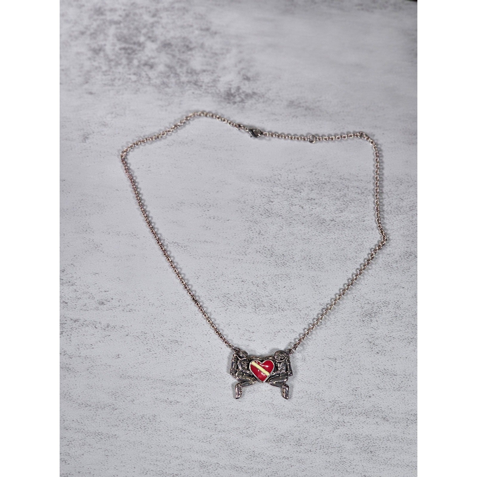 Vintage Sterling Silver Diver Heart Necklace Red Enamel Pendant