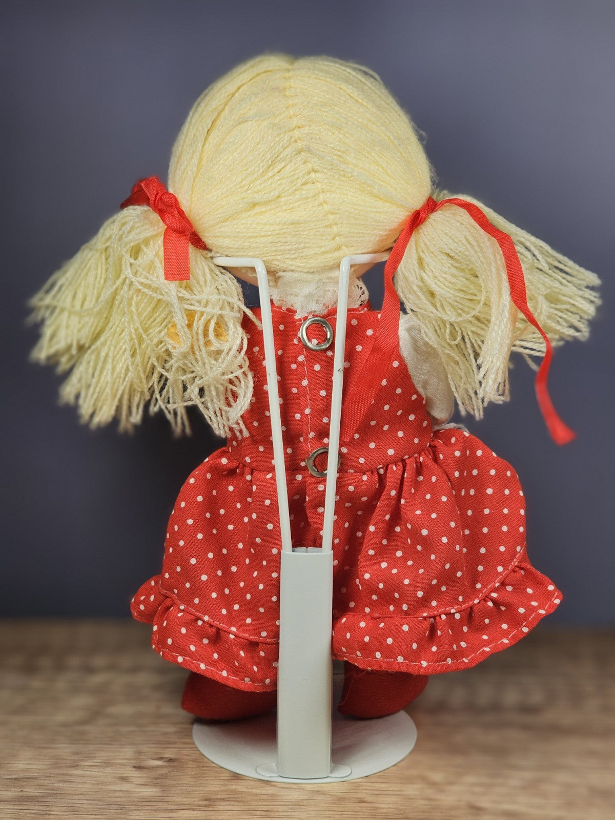 Vintage Rag Doll – Red Polka Dot Dress with Heart & Flower Accents