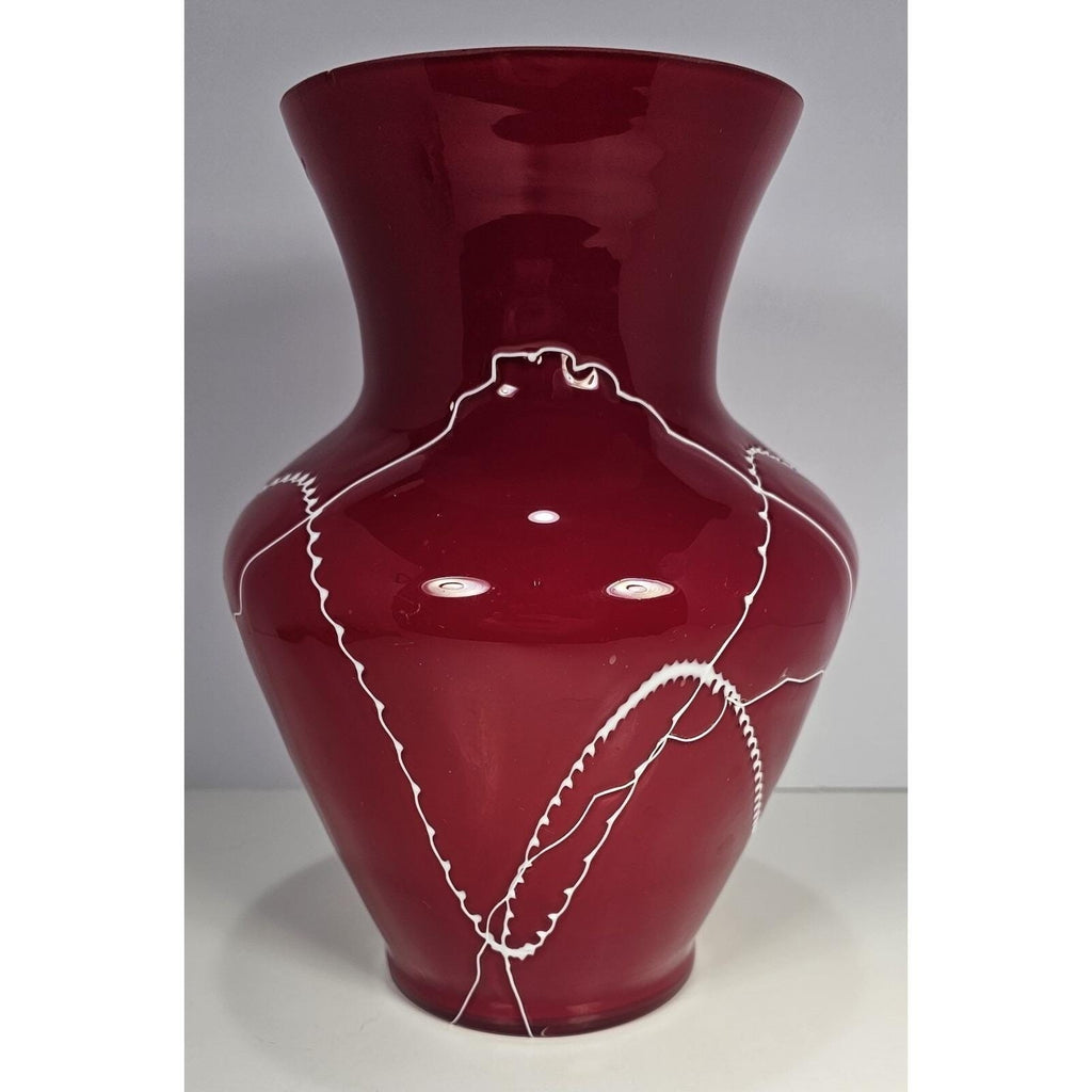 Red Glass Vase White Squiggle Lines Decorative Vase