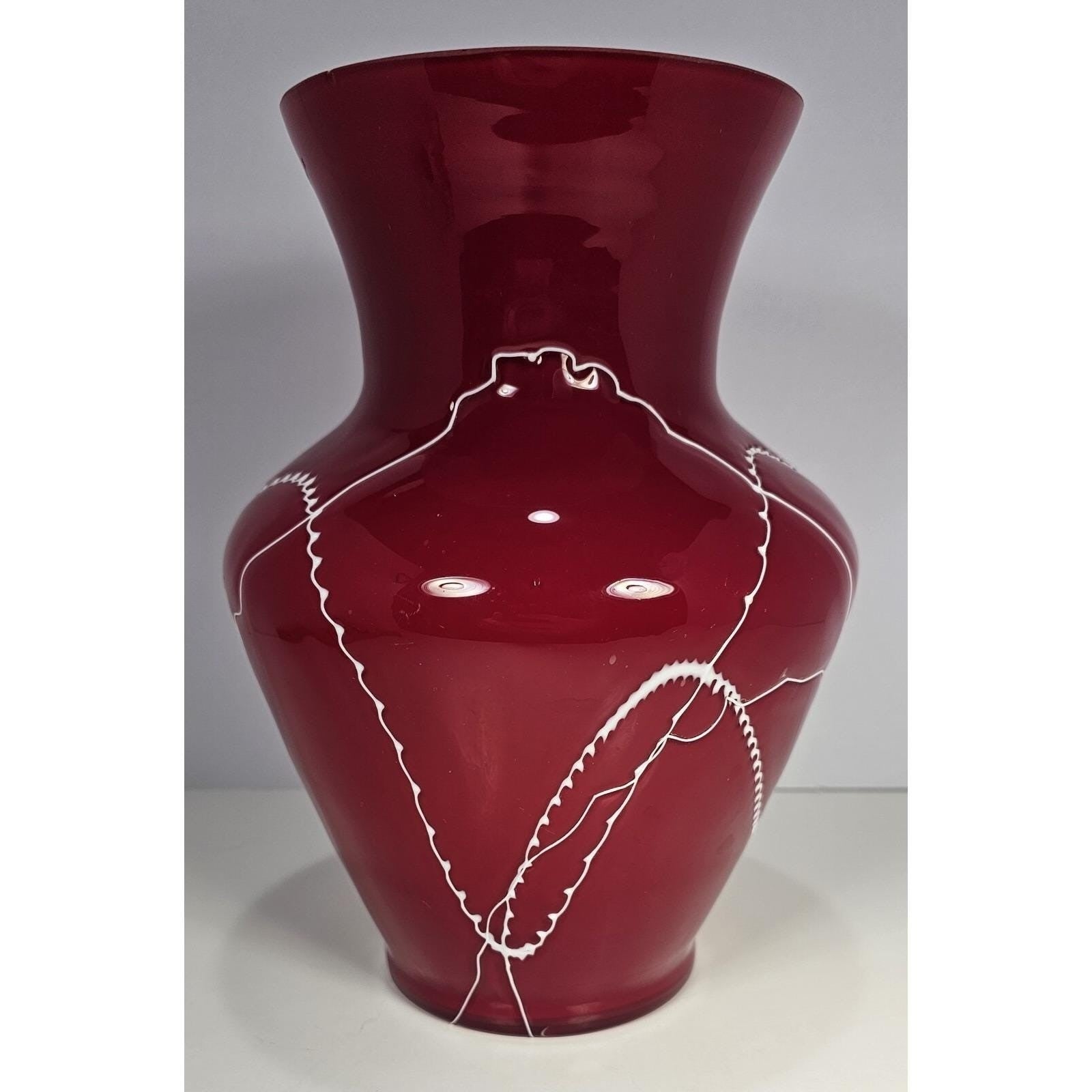 Red Glass Vase White Squiggle Lines Decorative Vase