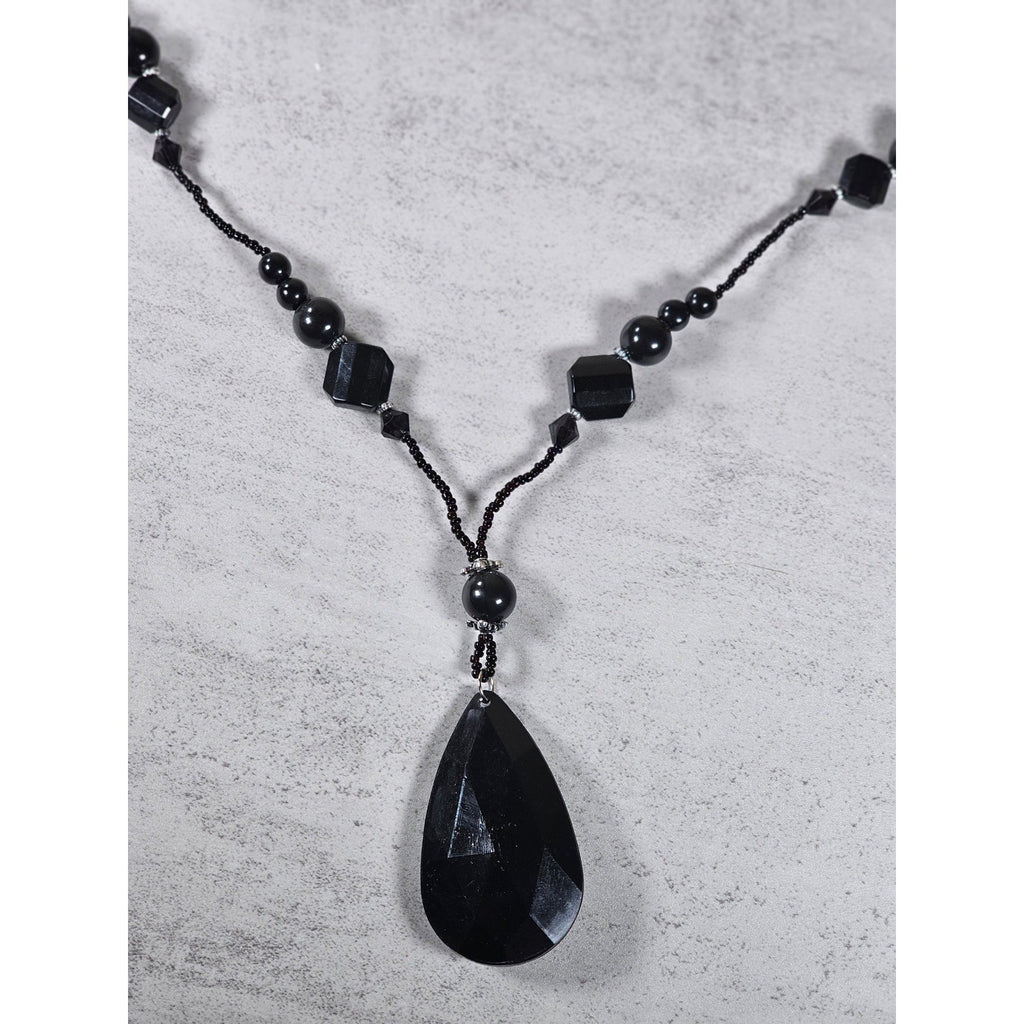 Vintage Black Faceted Teardrop Pendant Beaded Necklace