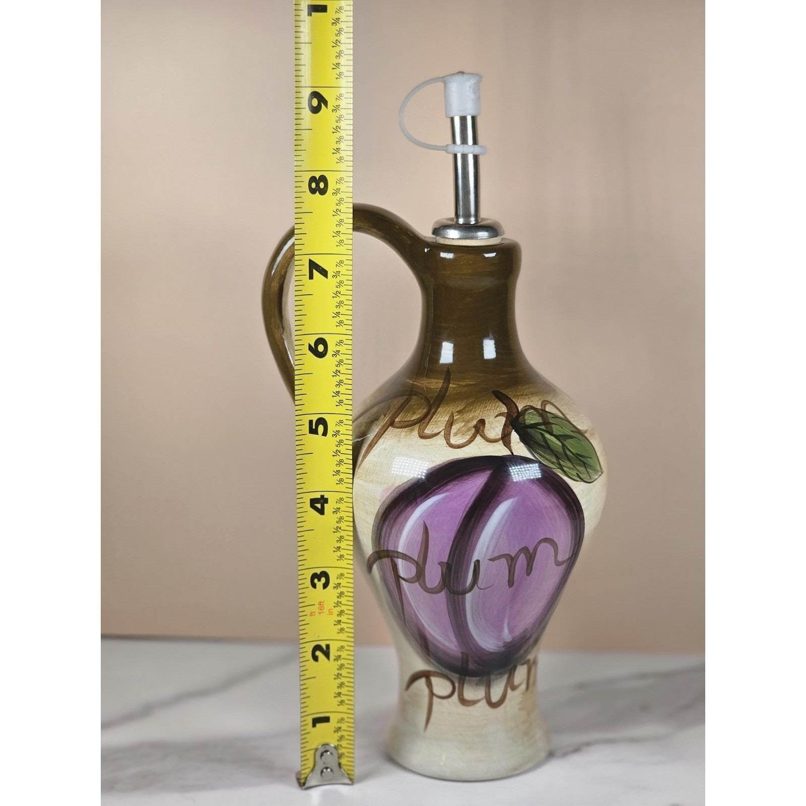 Vintage Rustic Orchard Plum Grape Oil Cruet Hand Painted Stoneware 9"