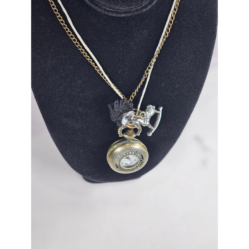 Vintage Pocket Watch Necklace Long Chain Eiffel Tower Charm Quartz