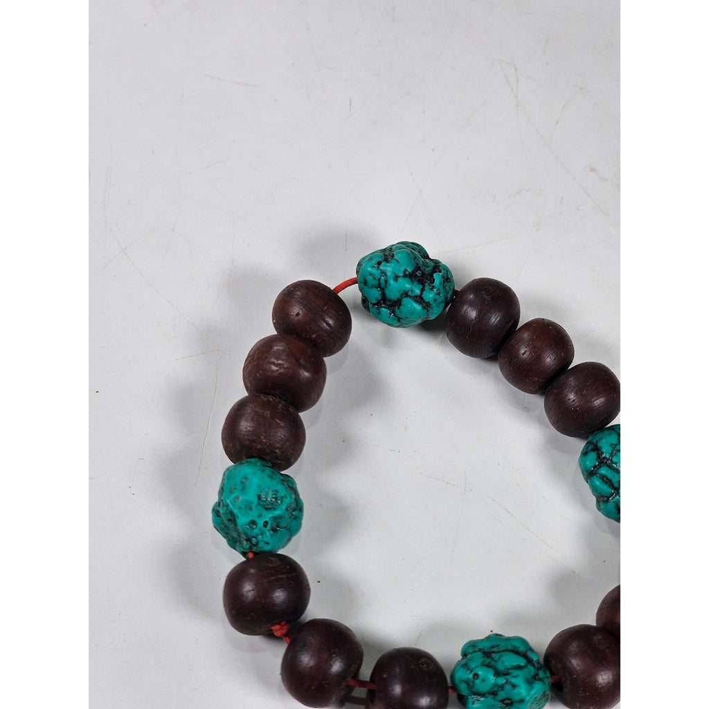 Vintage Wood & Turquoise Bead Stretch Bracelet Rustic Boho