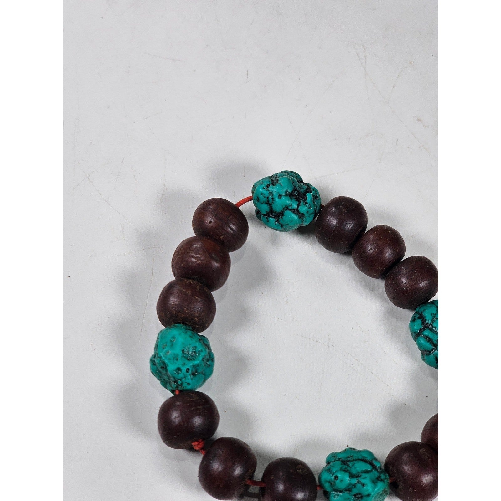 Vintage Wood & Turquoise Bead Stretch Bracelet Rustic Boho