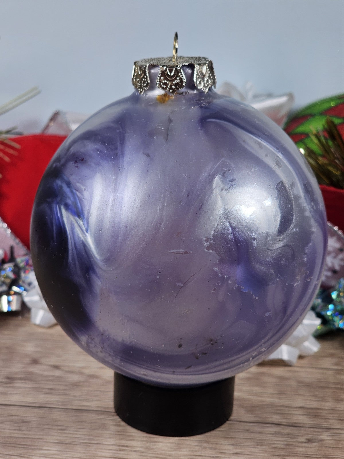 2 - 80s Vgt Blown Glass Purple Blue White Iridescent Marbled Christmas Ornament