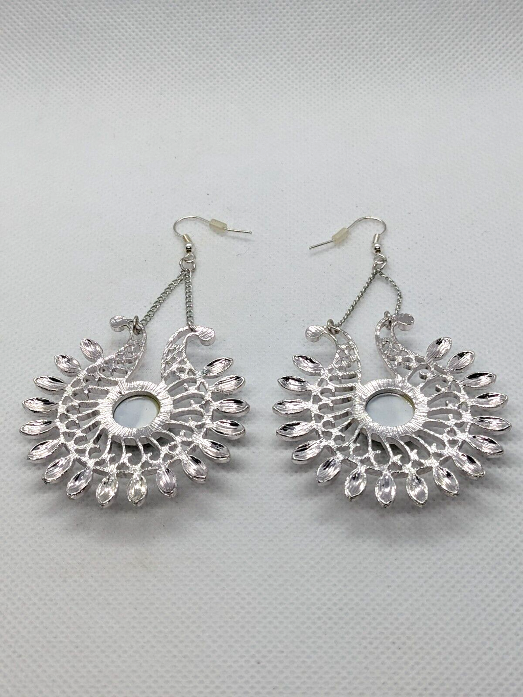 Silver Plated Peacock Feather Acrylic Eye Dangle Drop Earrings