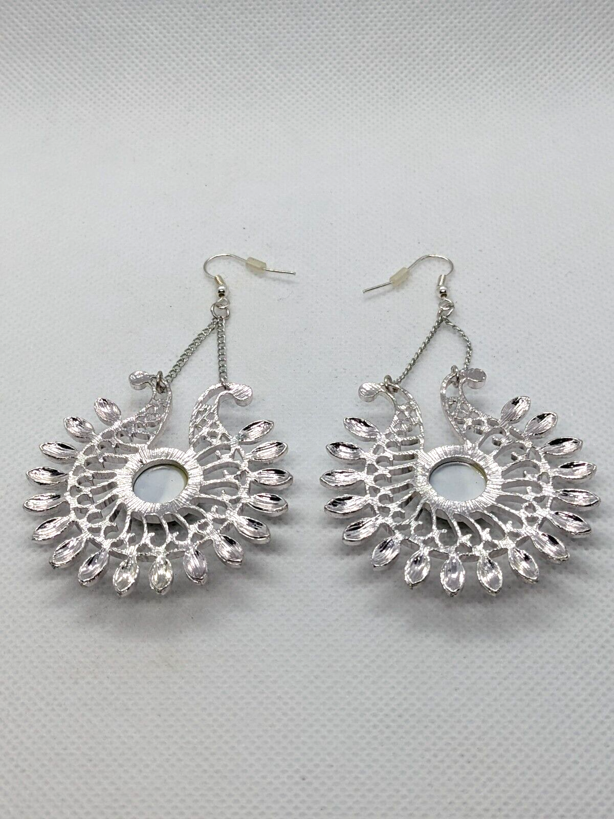 Silver Plated Peacock Feather Acrylic Eye Dangle Drop Earrings