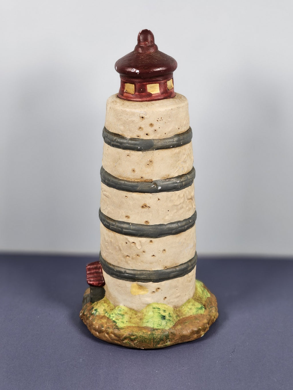 Vintage Ks Collection Beige Plaster Blue Stripe Design Lighthouse 6" Tall