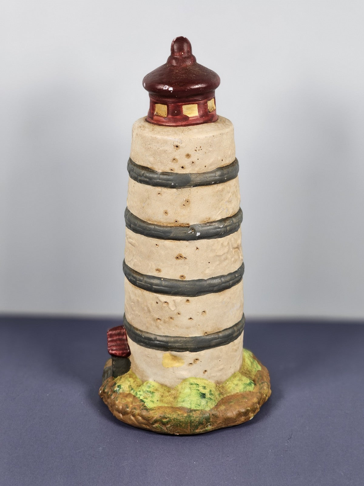 Vintage Ks Collection Beige Plaster Blue Stripe Design Lighthouse 6" Tall
