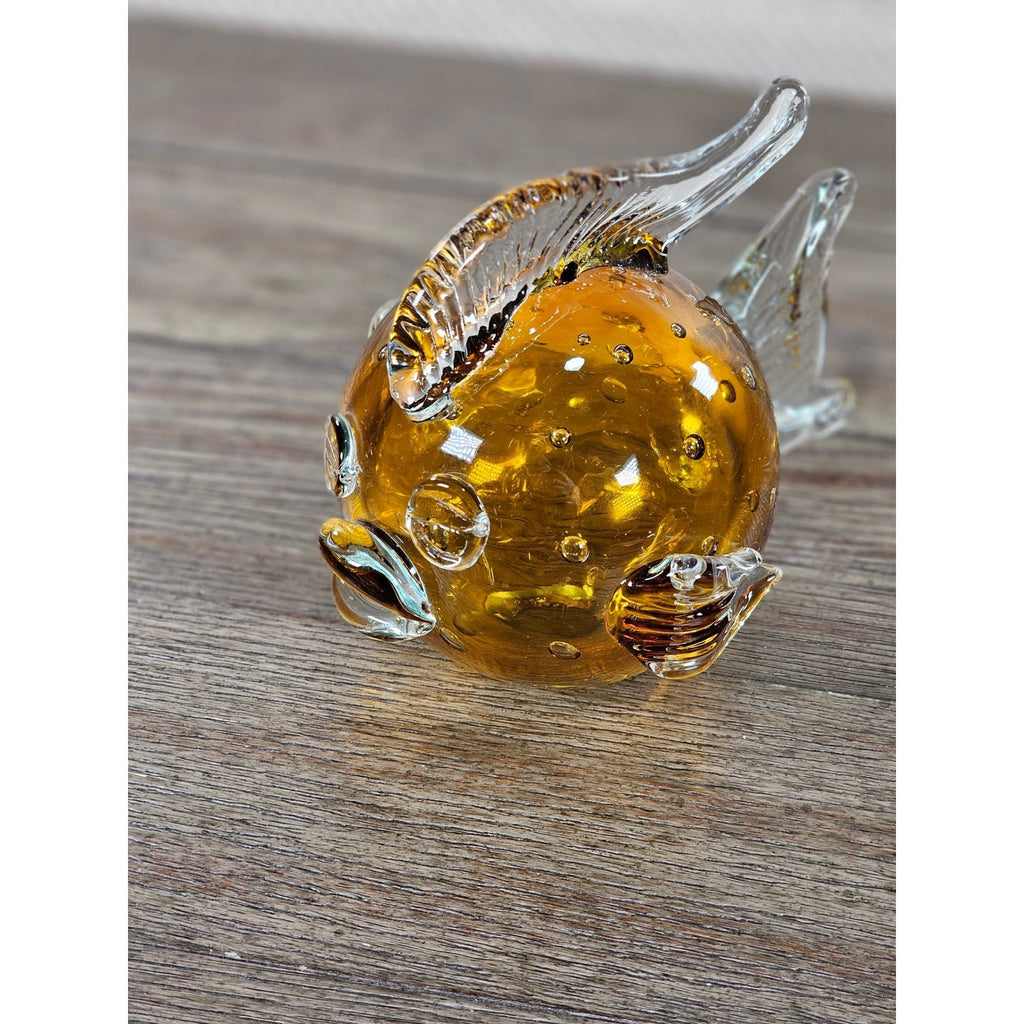 Vintage Amber Art Glass Fish Figurine 5" Hand Blown Bubble Glass