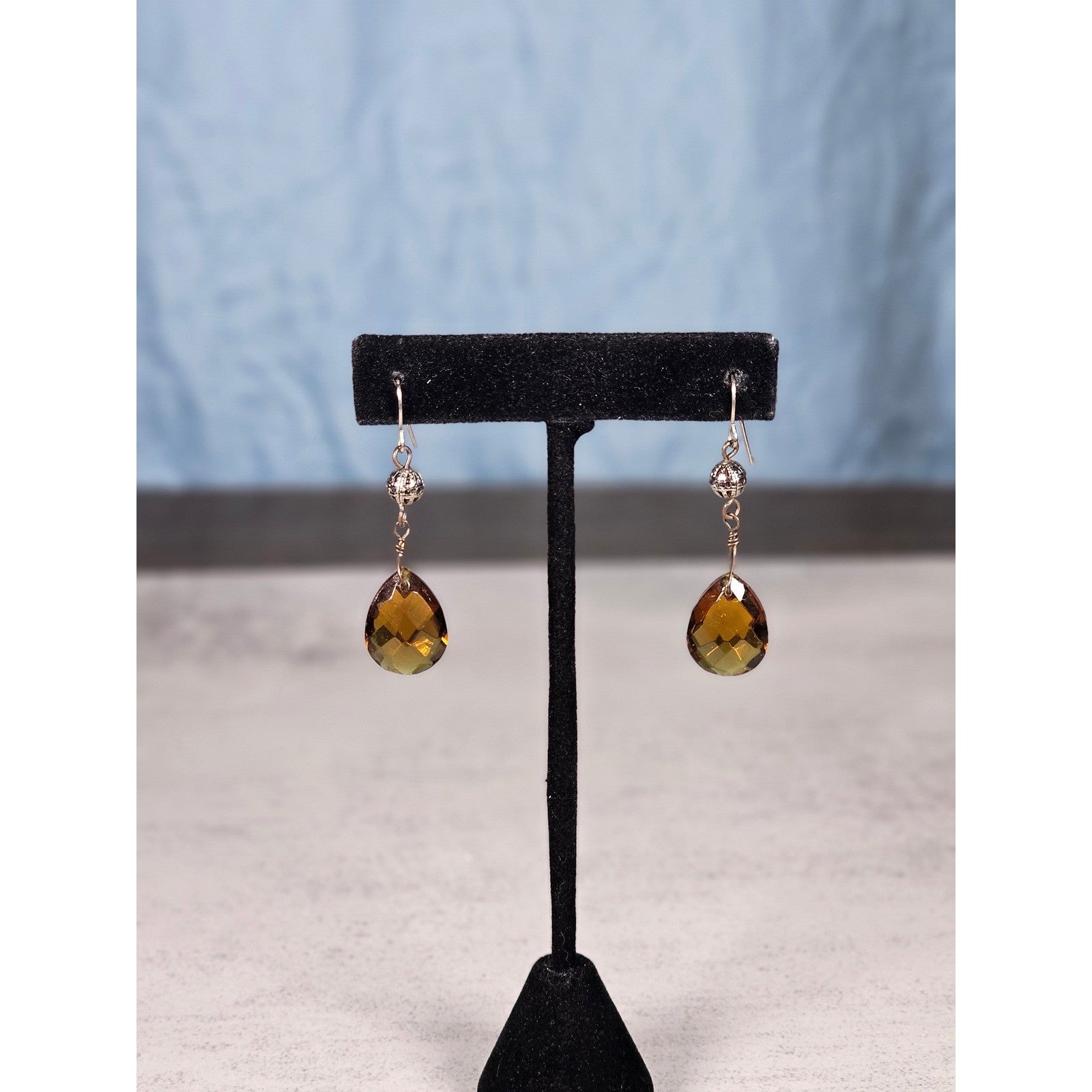 Vintage Amber Teardrop Dangle Earrings Faceted Glass Pierced