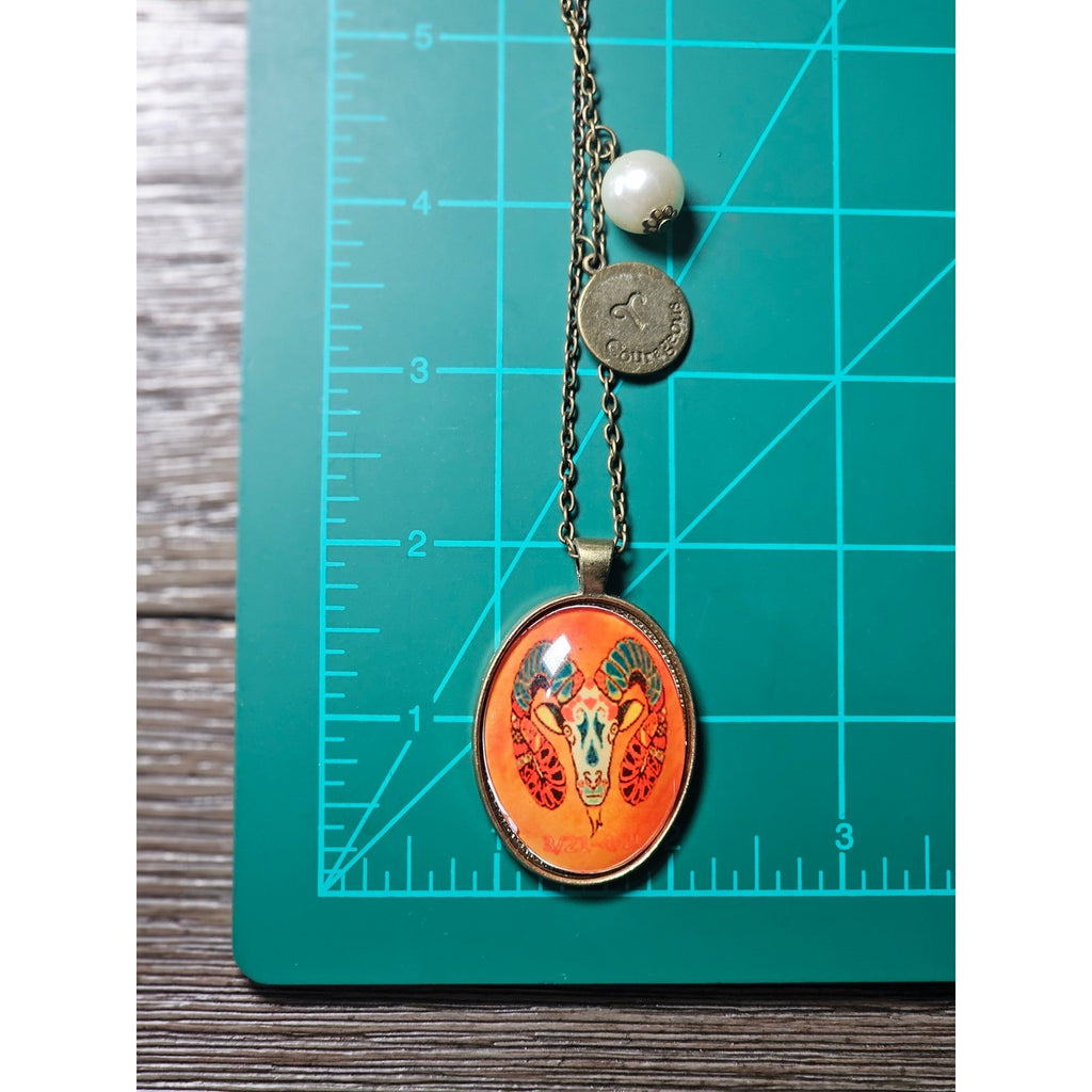 Vintage Aries Ram Pendant Necklace Zodiac Medallion Oval Charm