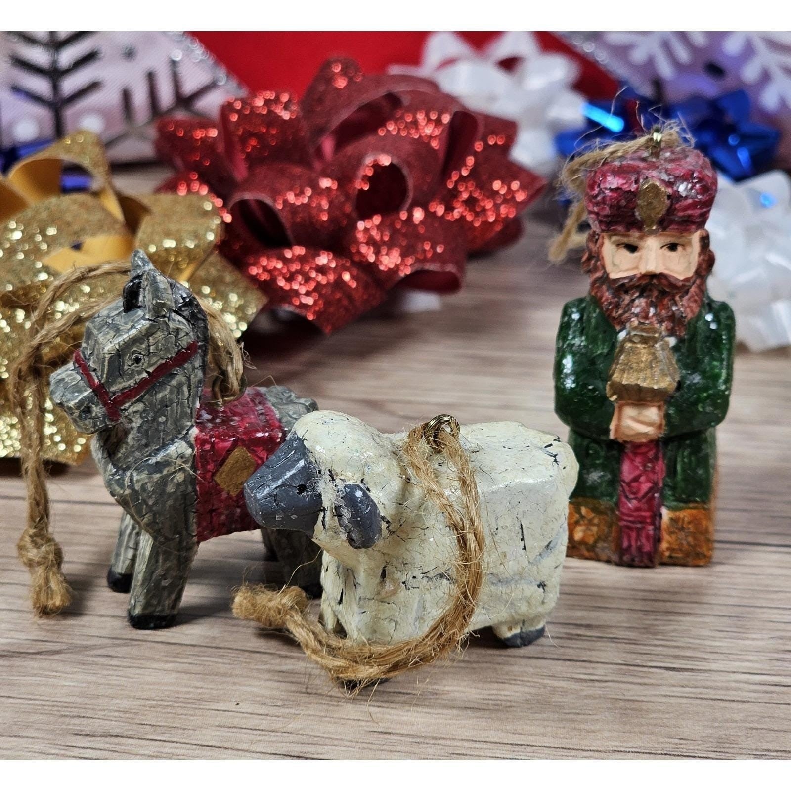 Nativity Ornaments Wiseman Horse Sheep Hand Painted Set of 3