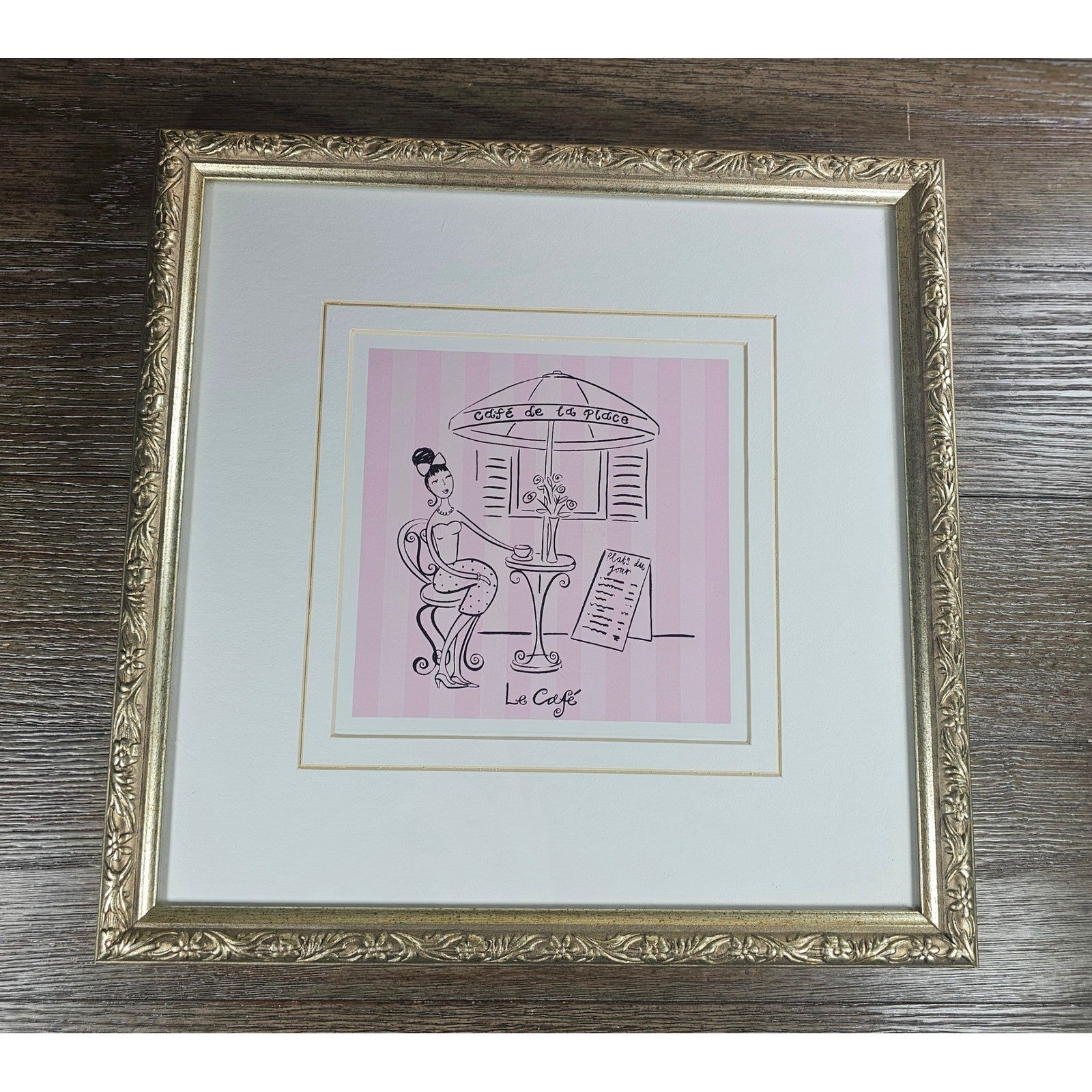 Vintage French Café Framed Art Print Pink Bistro Illustration 13x13