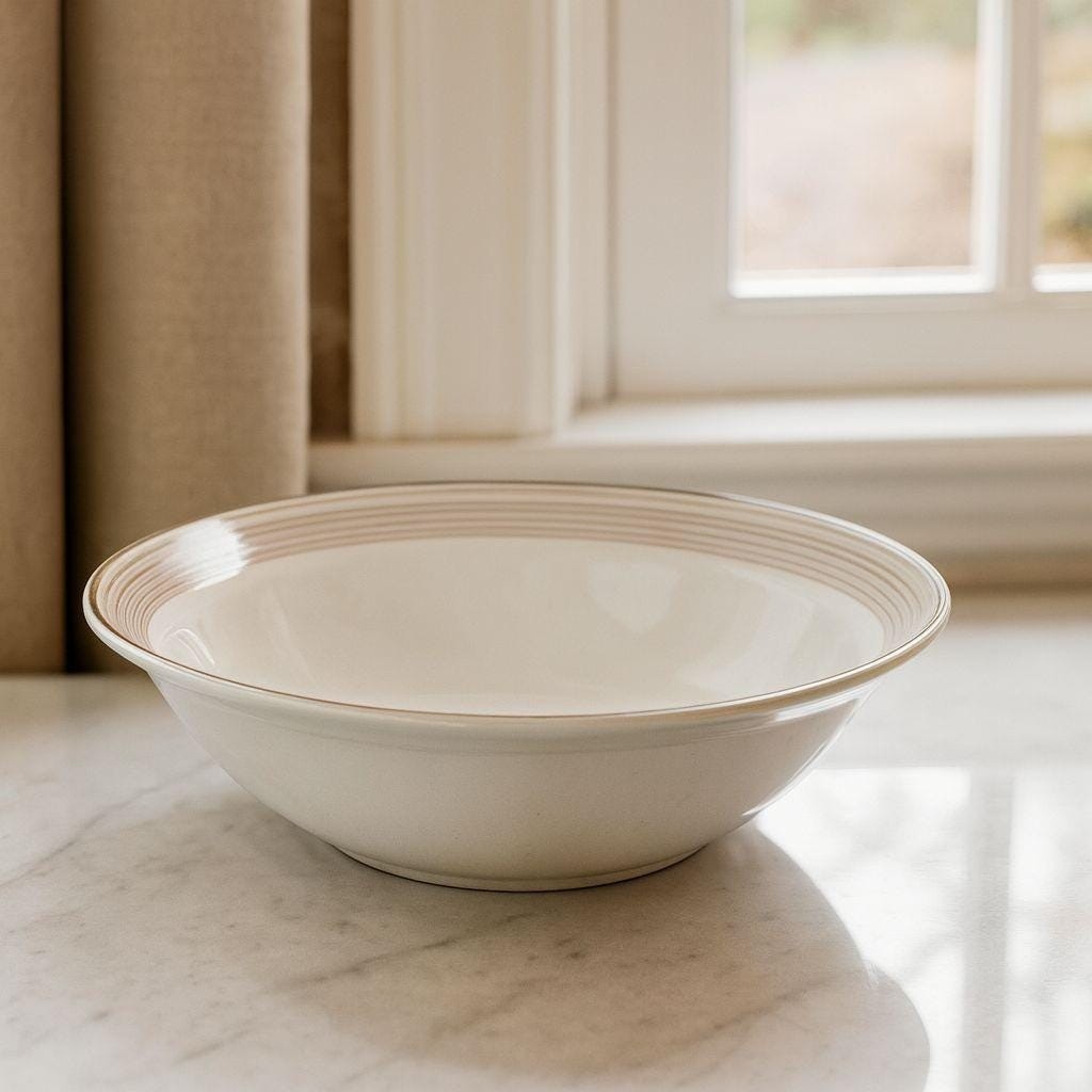 Vintage International Stoneware Serving Bowl Cream Gold Rings 9 Inch