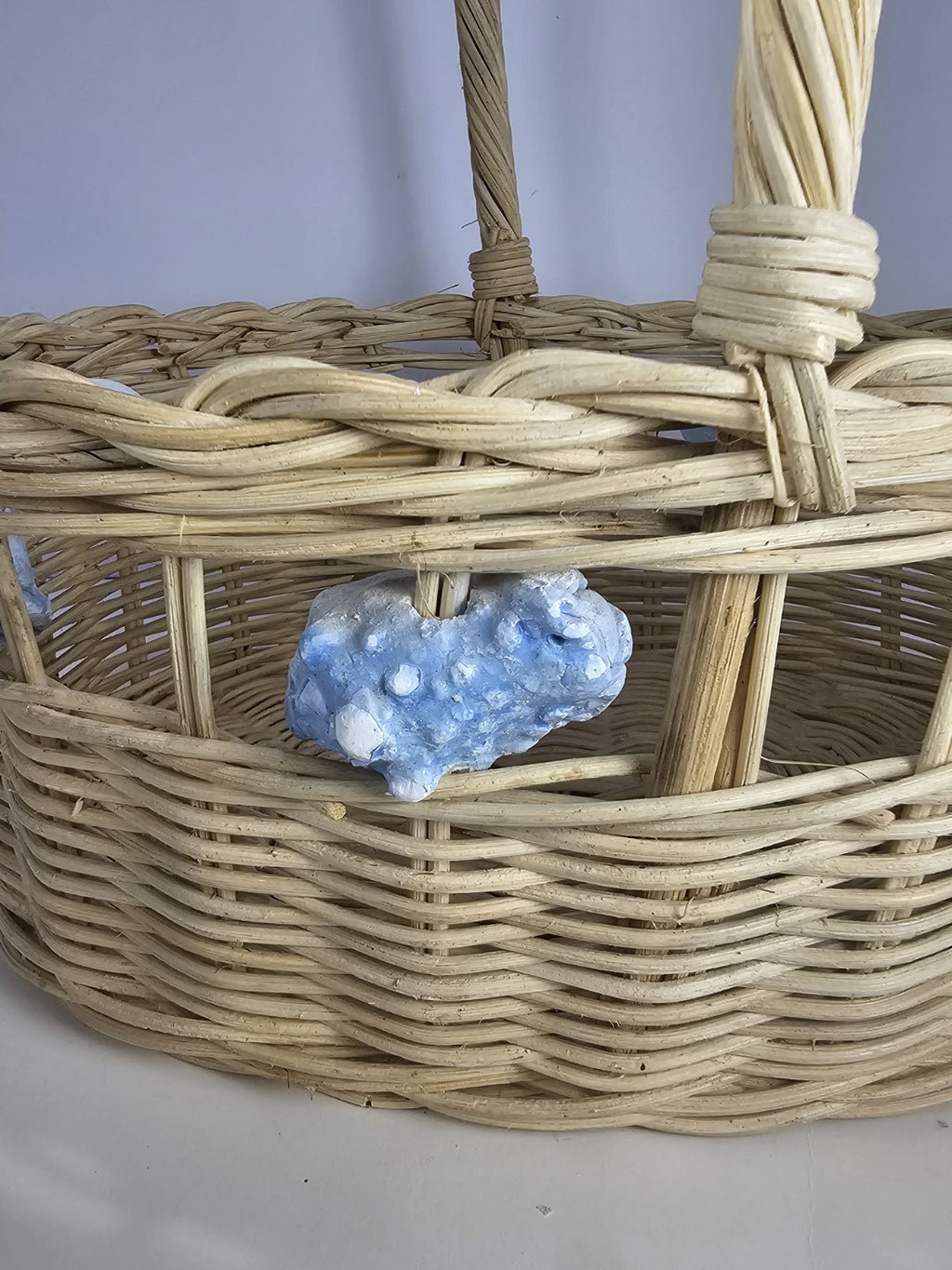 Vintage Wicker Basket with Blue Painted Conch Shells 13″ x 15″ Coastal Rustic