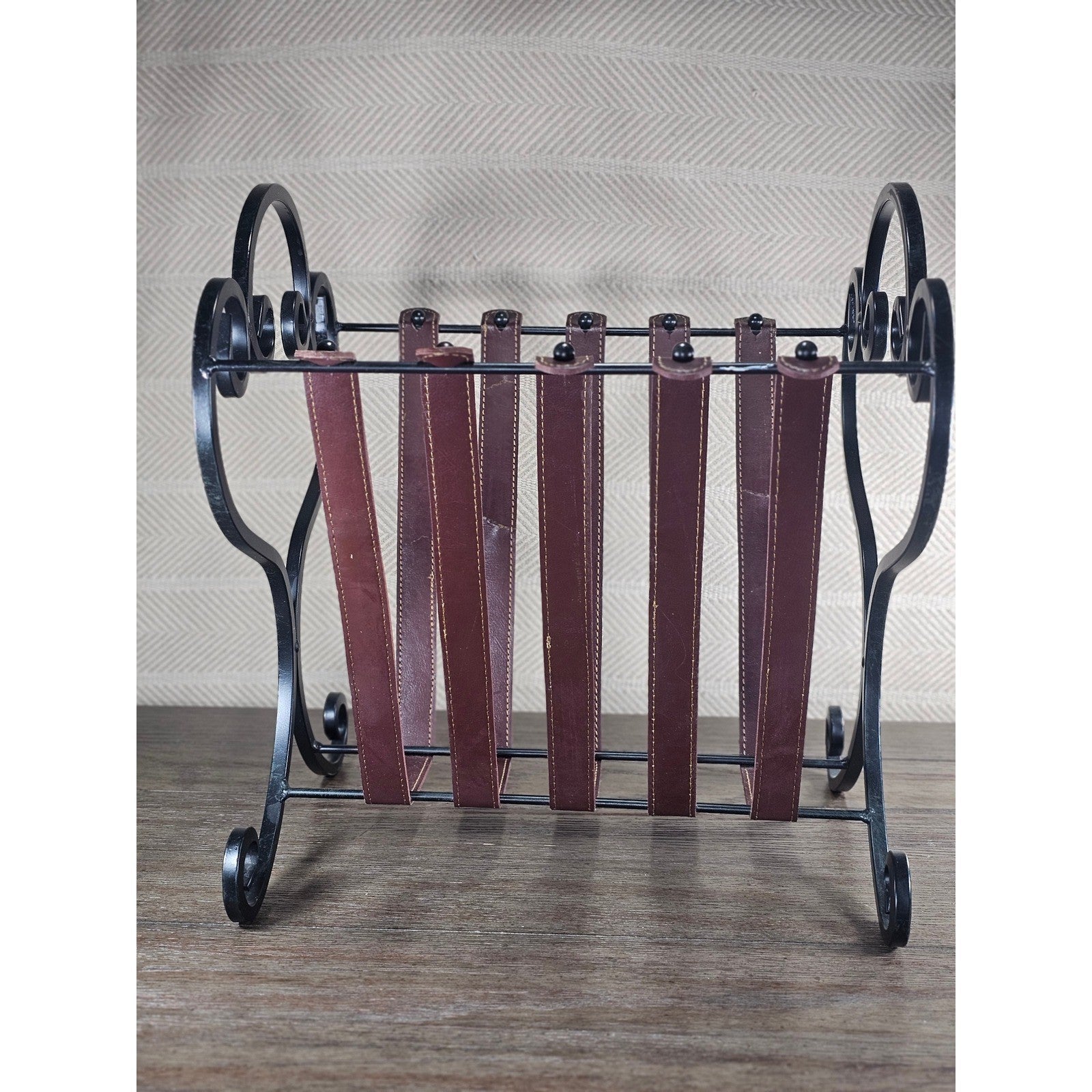 Vintage Iron & Leather Magazine Rack 16" Tall Rustic Book Holder