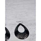 Vintage Black Teardrop Dangle Earrings with Etched Scroll Design