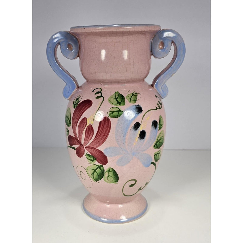 Vintage Pink Crackle Glaze Vase Blue Handles Floral Ceramic