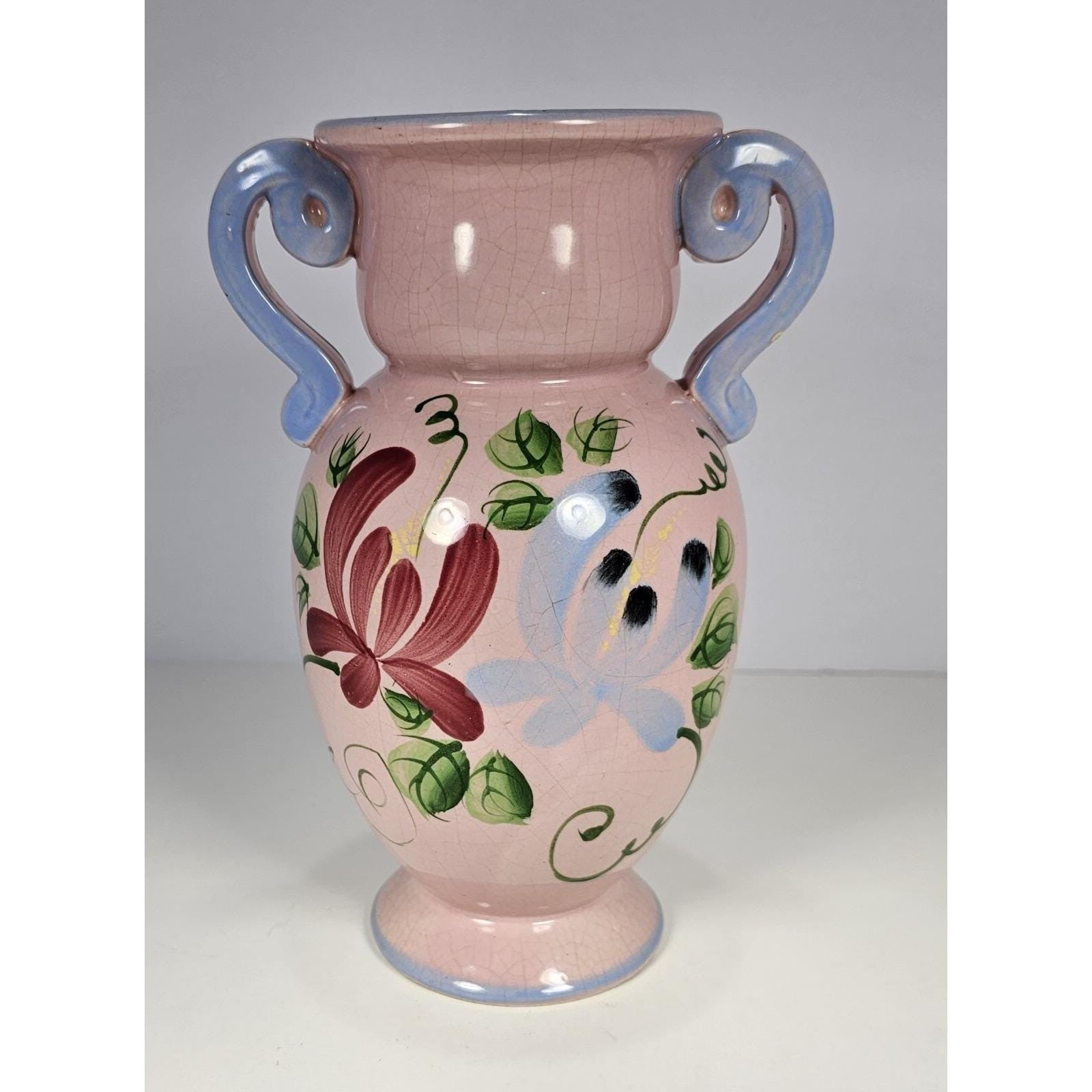 Vintage Pink Crackle Glaze Vase Blue Handles Floral Ceramic