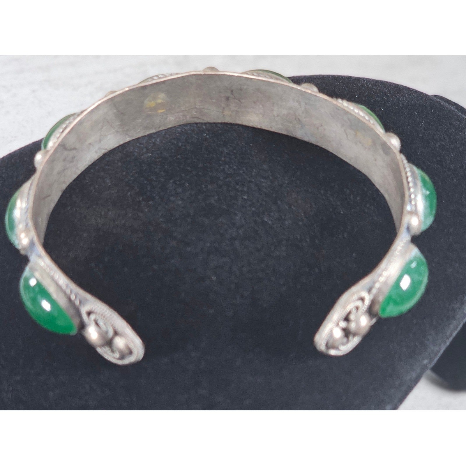 Vintage Green Cabochon Cuff Bracelet Silver Tone Statement