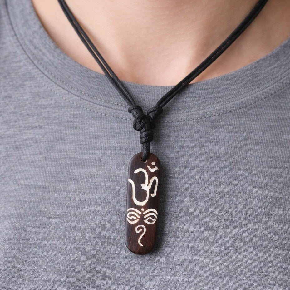 Vintage Om Ganesha Wooden Pendant Necklace Adjustable Cord