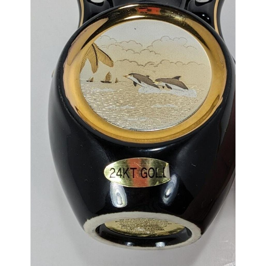 Art of Chokin Dolphin Mini Vase Black Gold Japan 5" Vintage
