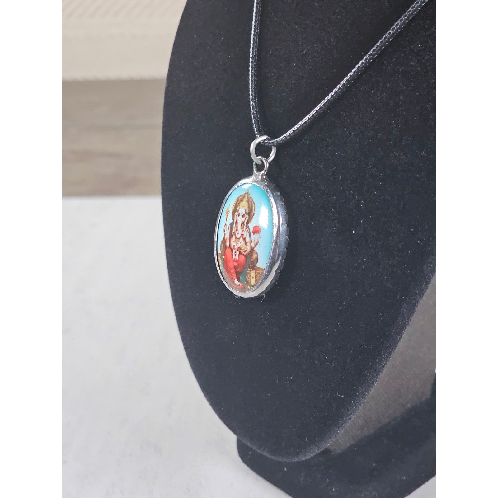 Vintage Ganesha Pendant Necklace Black Cord Hindu Deity Charm
