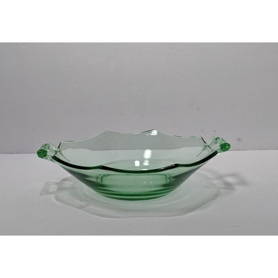 Green Glass Candy Dish Handled Vintage Serving Bowl