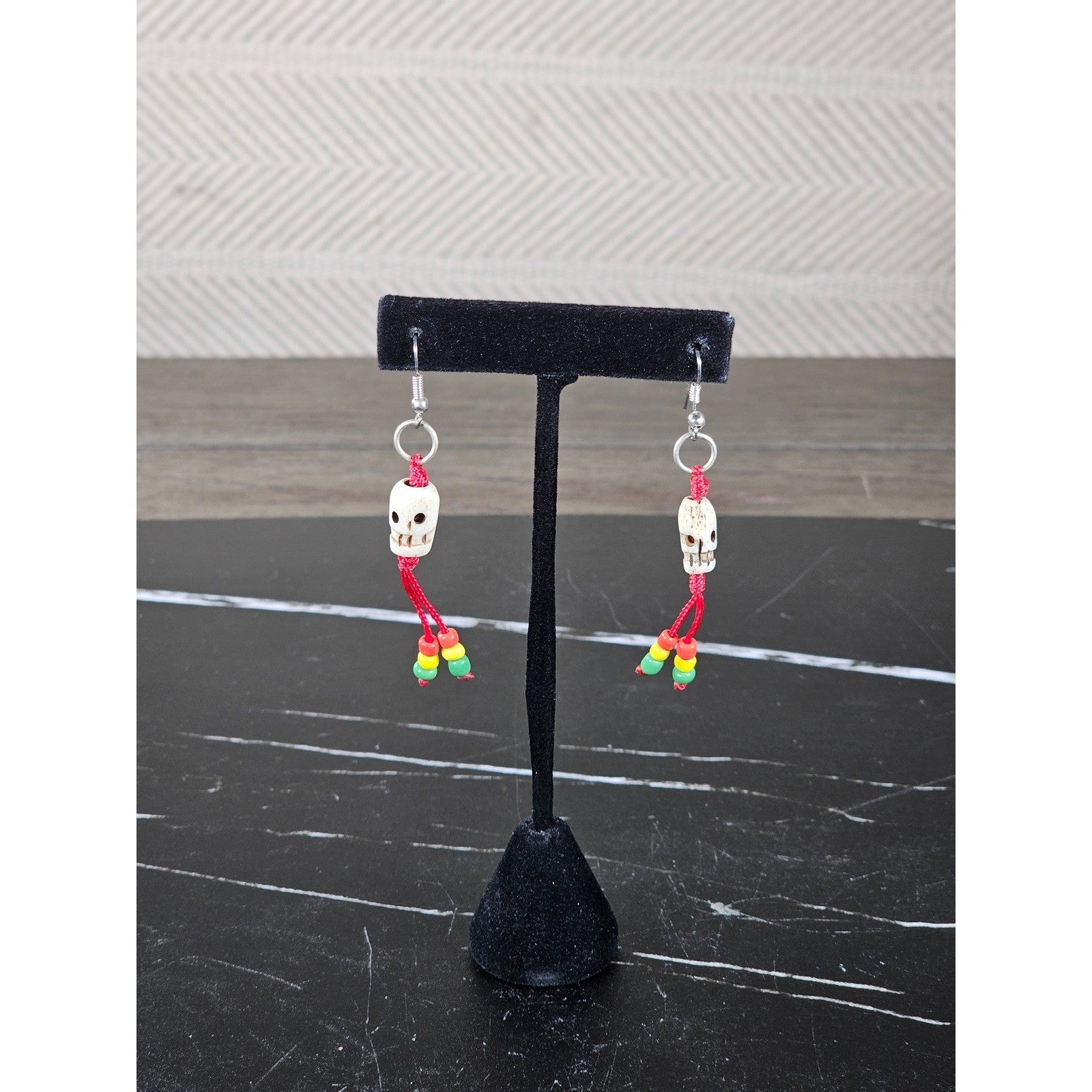 Vintage Skull Dangle Earrings Red Cord Beaded Boho Gothic