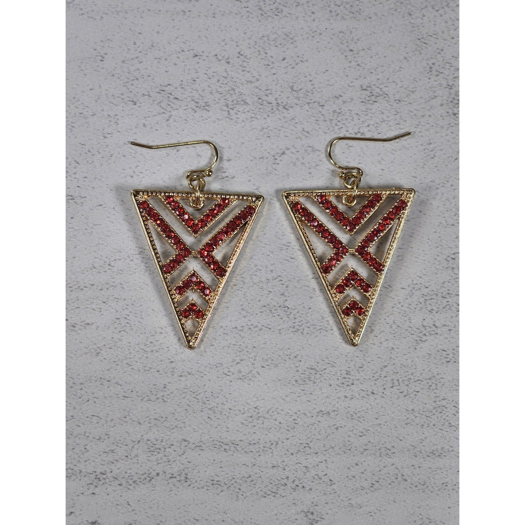Gold Tone Red Rhinestone Triangle Dangle Earrings Geometric